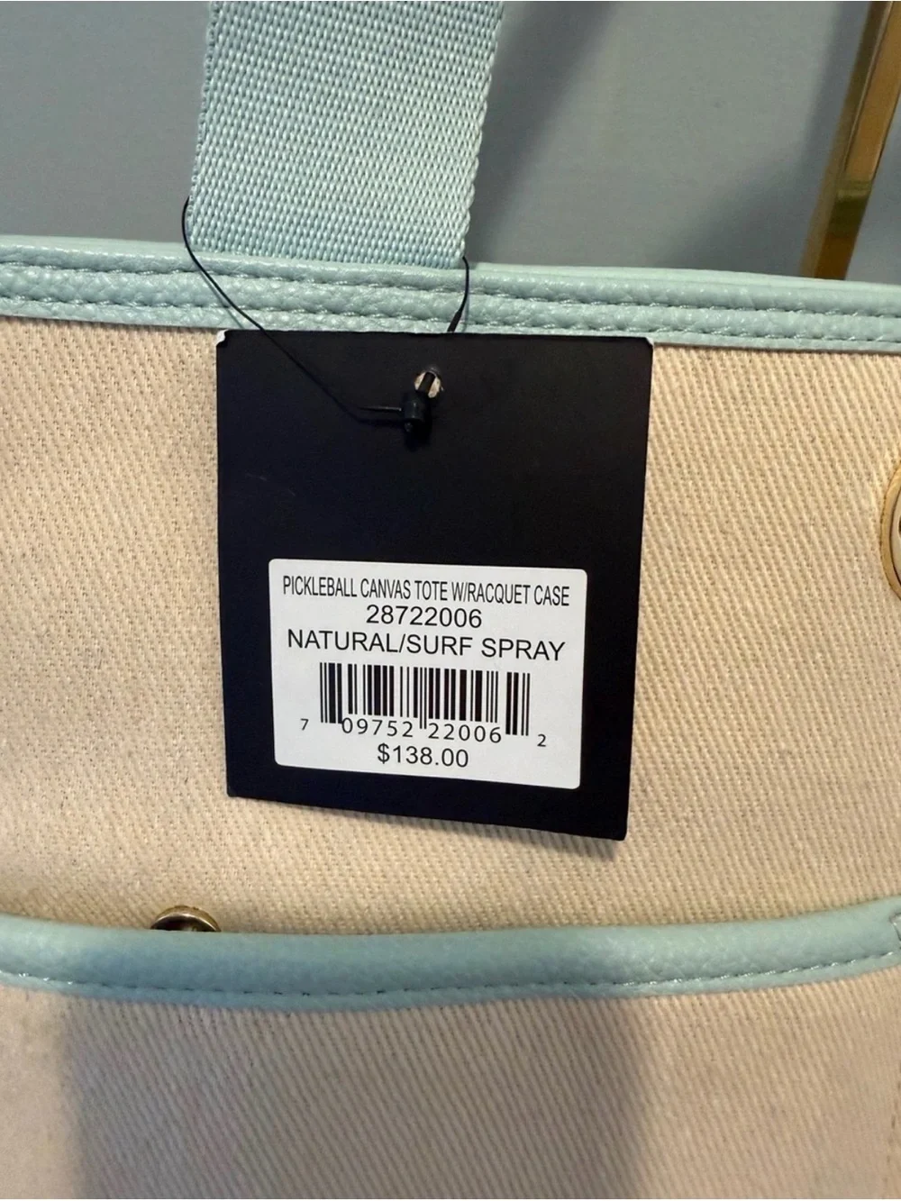 Nanette Lepore Canvas Tote Bag natural canvas body, light blue guitar strap Nwt